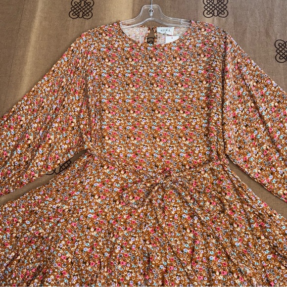 Aura Ella Mini Print Braided Brll Short Dress In Brown /Multi Floral Print - Picture 5 of 16